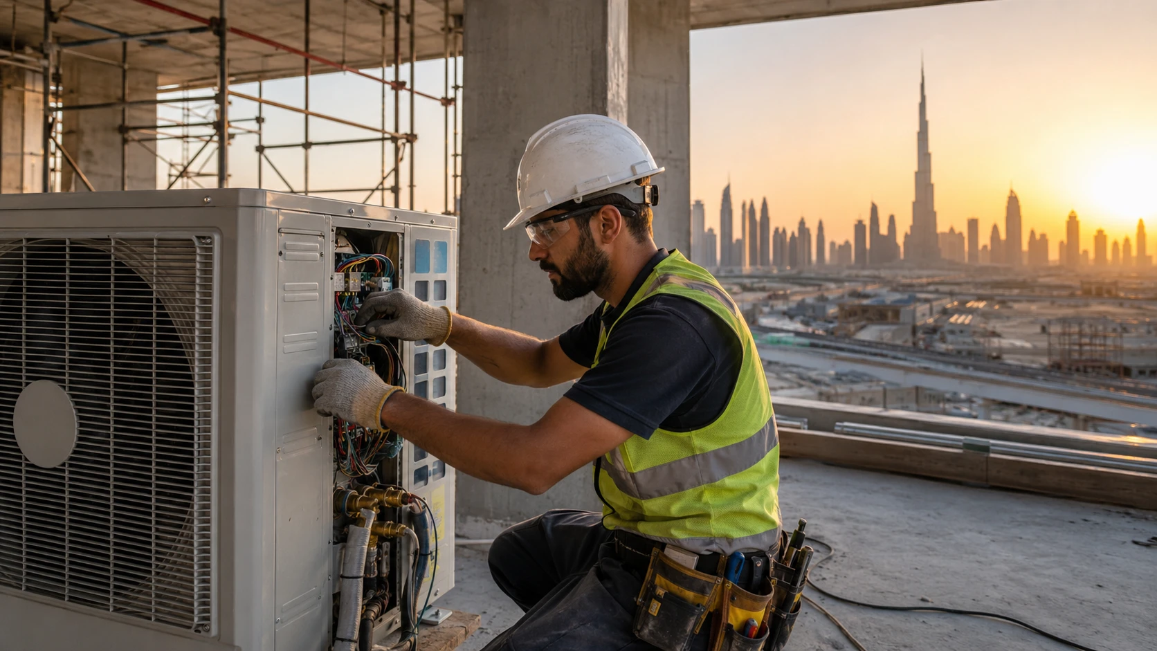 Mega Project engineer installing HVAC unit Abu Dhabi UAE